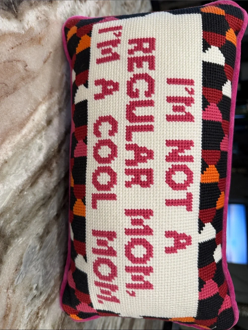 Embroidered Furbish Statement Pillow - Pink, Black, Orange, White
